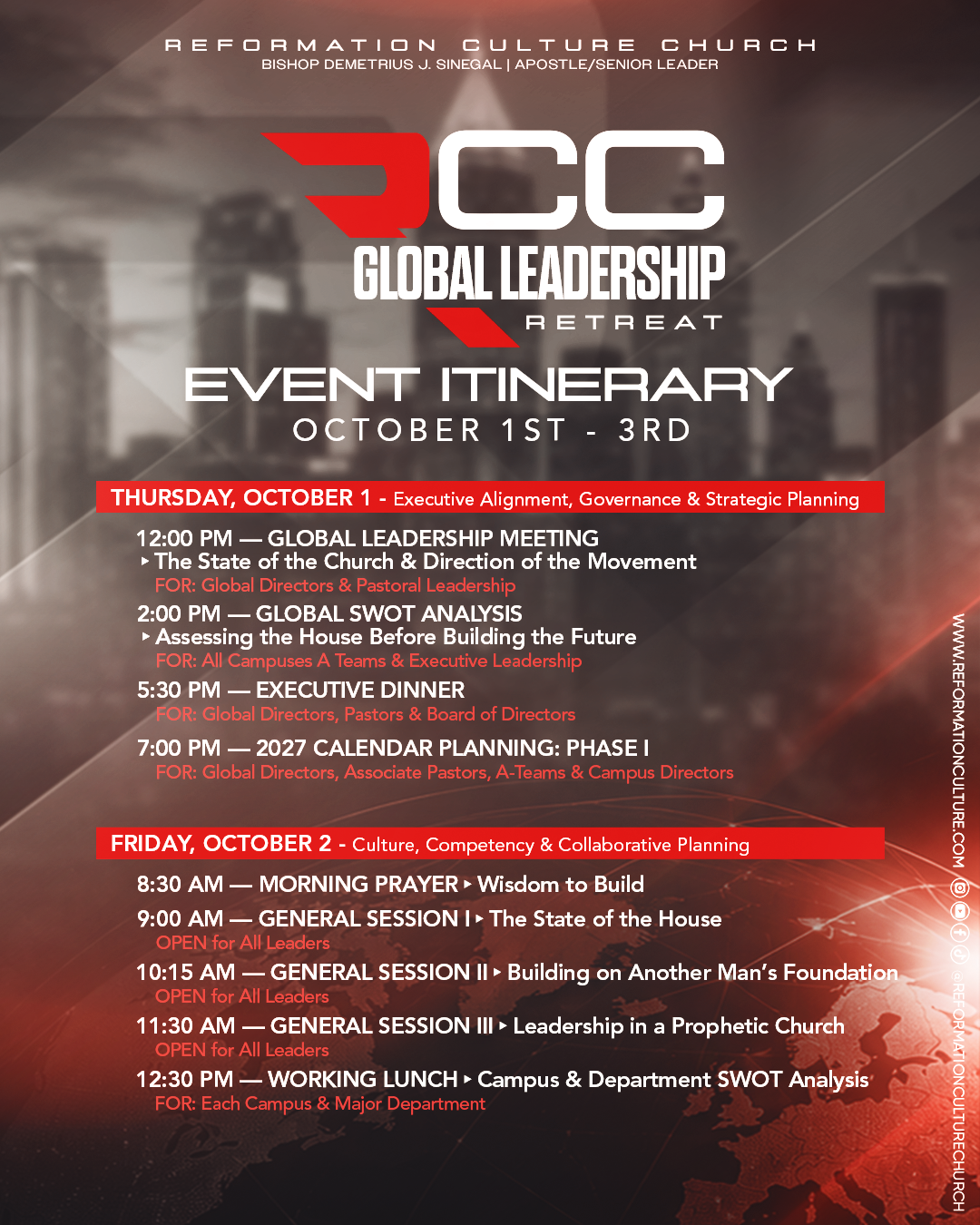 Global Leadership Retreat itinerary for Thursday, October 1 and Friday, October 2, 2026