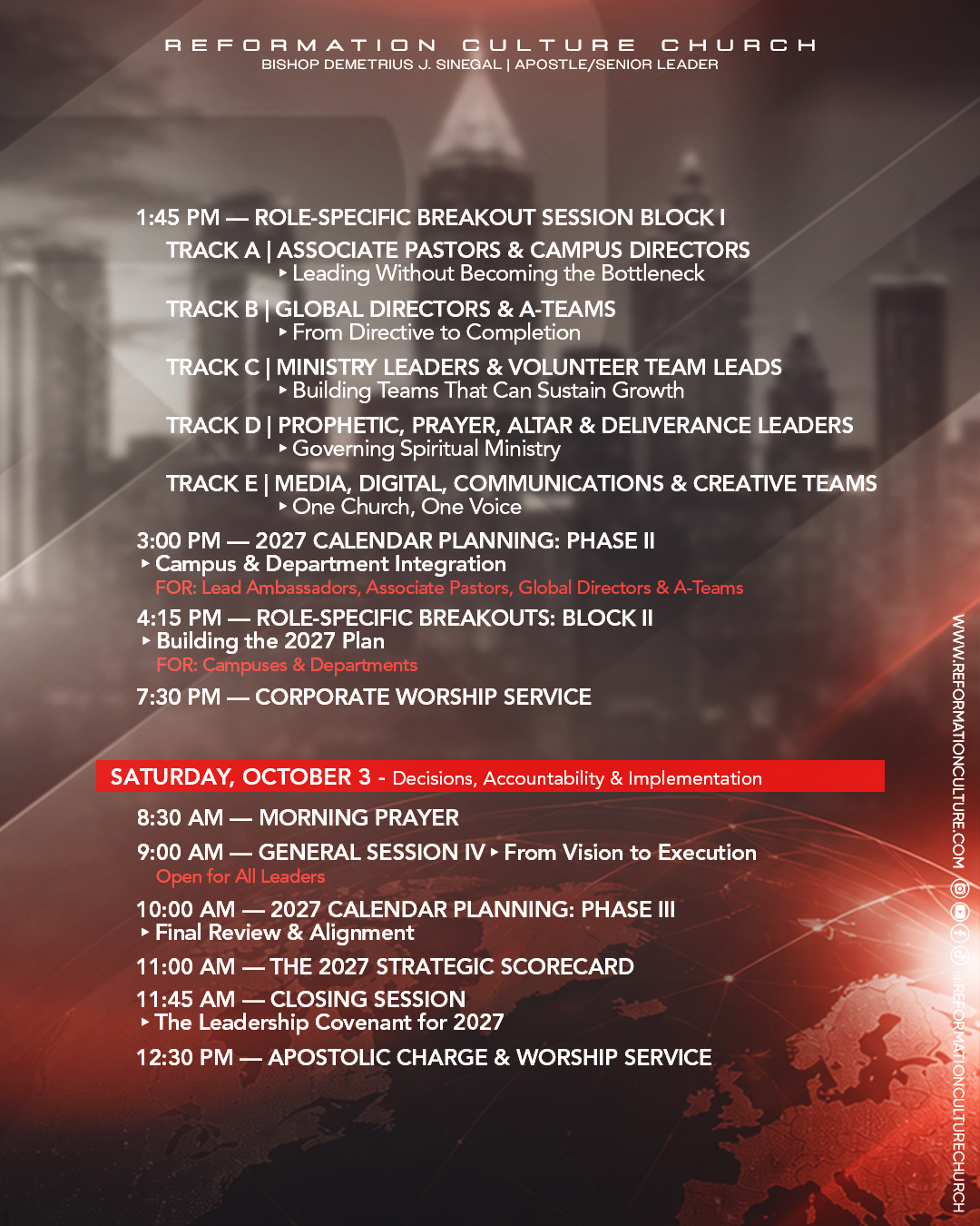 Global Leadership Retreat itinerary for Friday, October 2 and Saturday, October 3, 2026